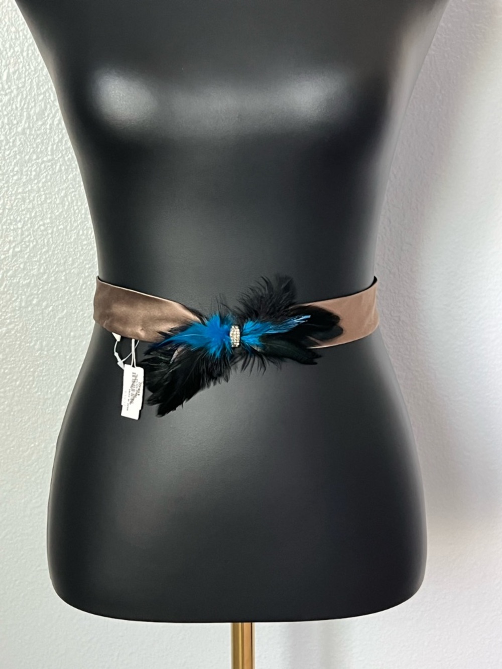 J. Crew Brown Satin Belt with Blue & Black Feather Accent